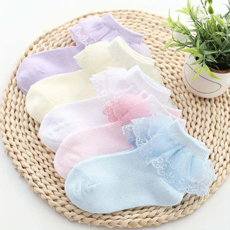 Girls' 5-Pair Princess Lace Socks Set, Soft Comfy Cute Dance Socks with Double Lace & Delicate Flower Embroidery, Breathable Fabric for Spring Summer Wear, Soft Comfy Socks