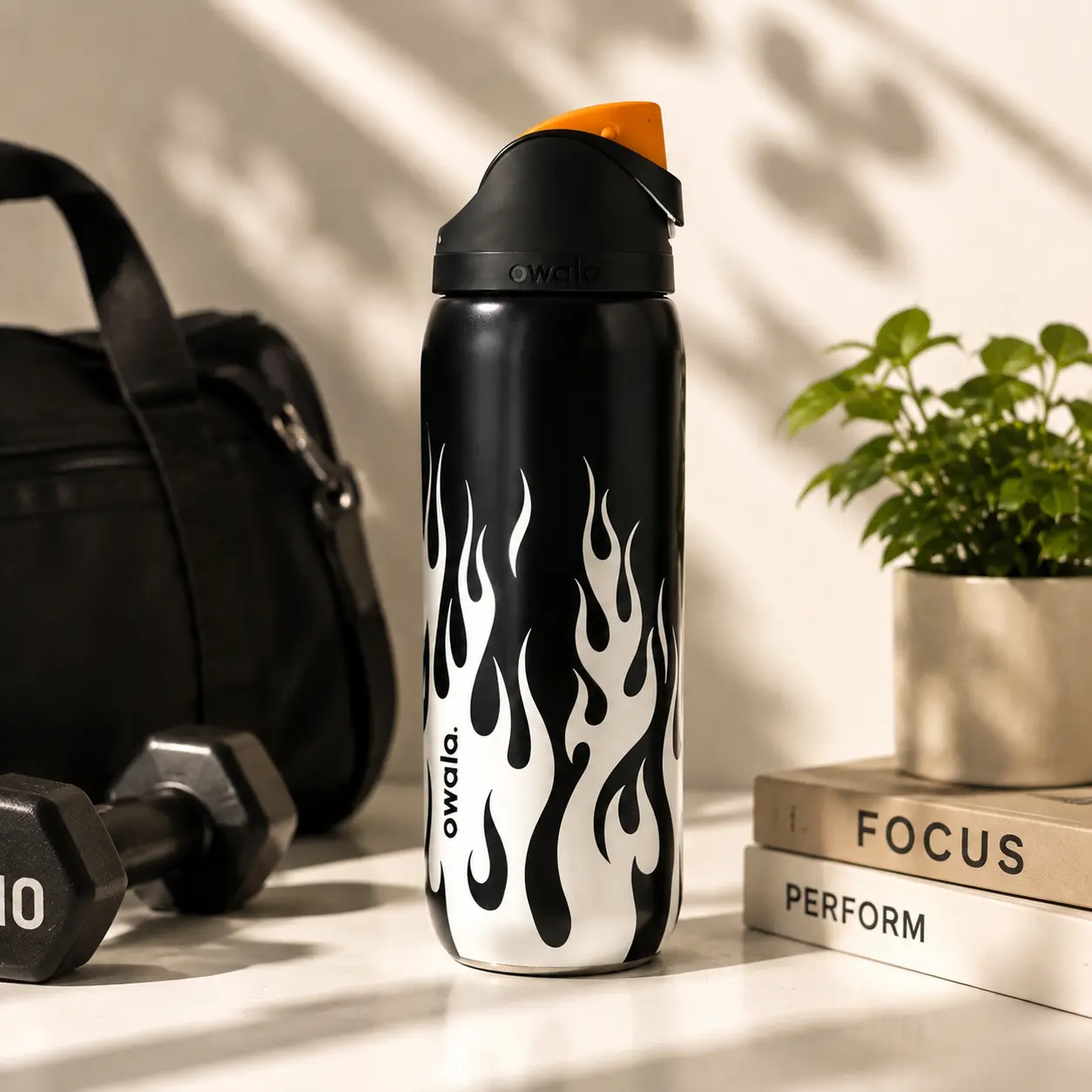 Black Flame Owala 32oz Water Bottle – Insulated Stainless Steel Tumbler with Straw Lid, Leakproof Travel Cup