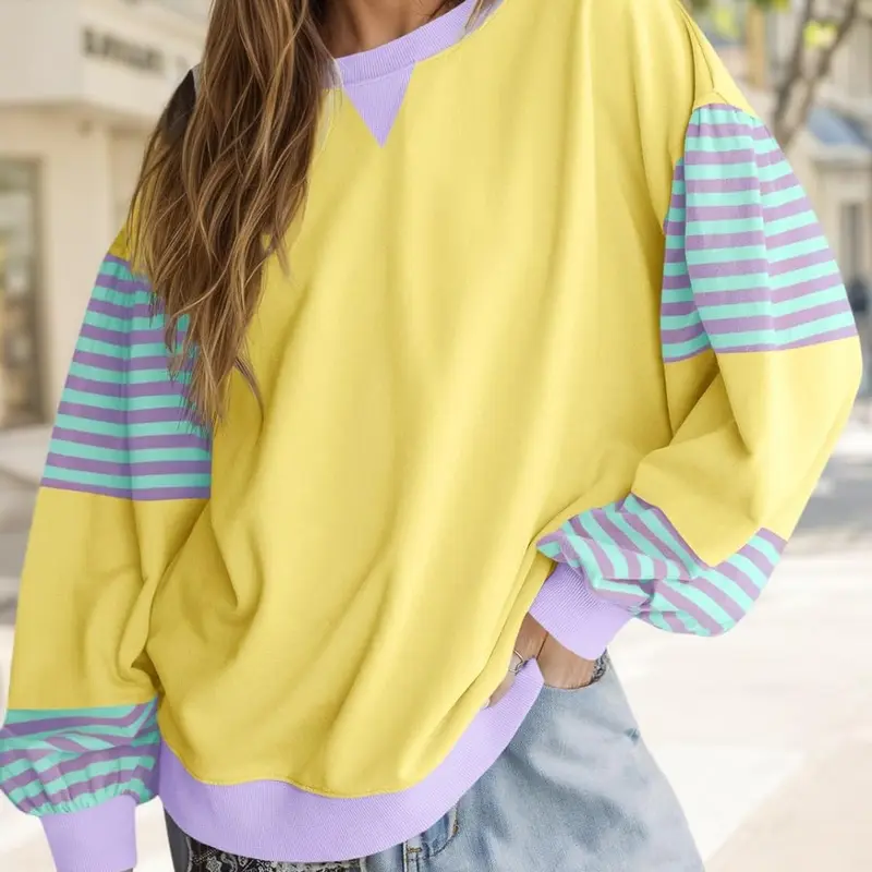 Fisoew Women's Soft Colorblock Oversized Crewneck Sweatshirt - Casual Lantern Long Sleeve Striped Pullover, Fall Outfit Statement Piece, Layerable with Cardigans/Shorts for Daughters
