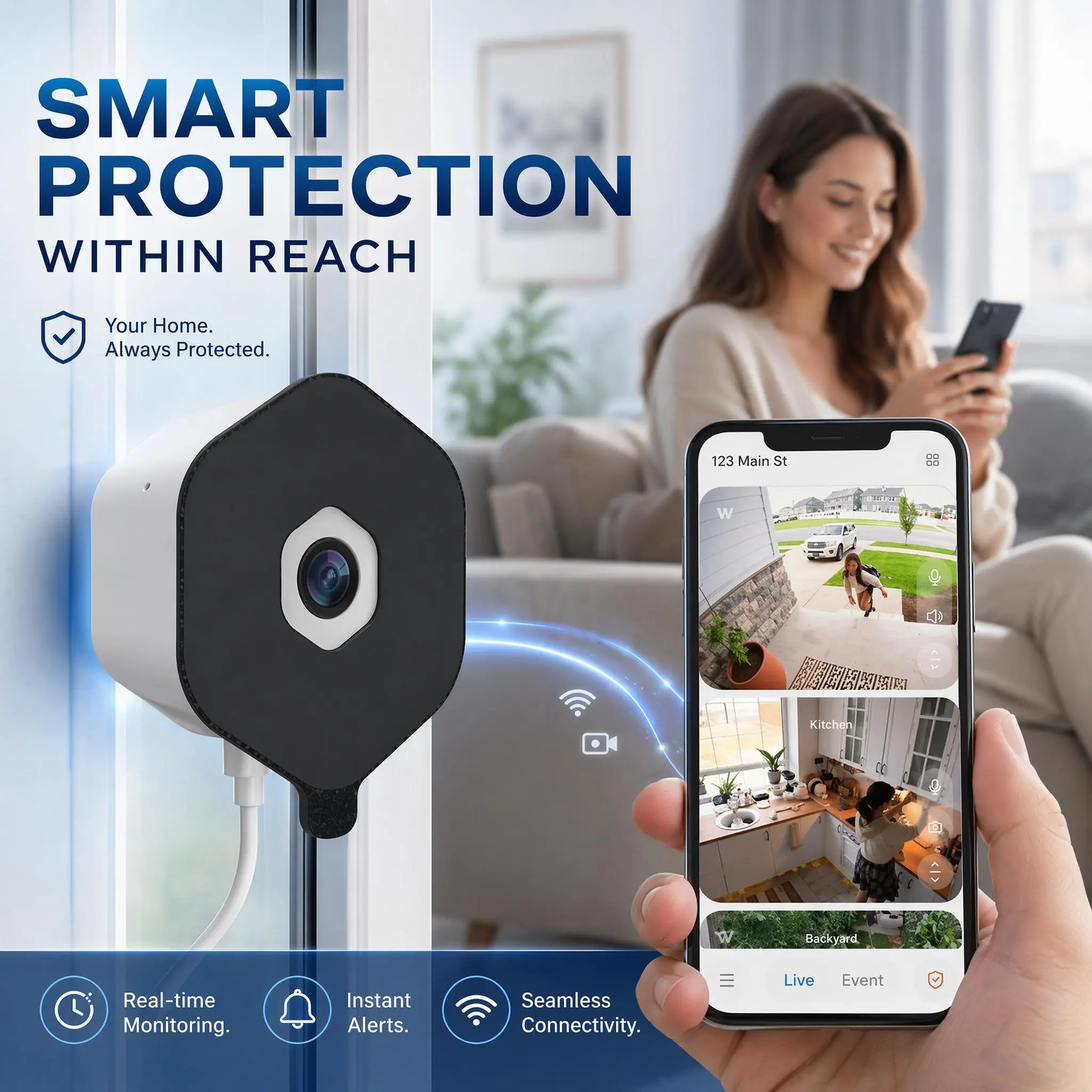 SONIQCFYX 2K HD Window Security Camera - Wireless Indoor Dual Band 2.4GHz/5GHz WiFi Model with Drill-Free Glass Mount, AI Motion Detection, Color Night Vision, 2-Way Audio for Home Surveillance