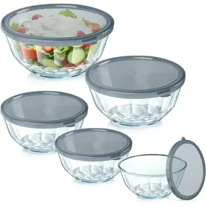 Thick Glass Mixing Bowls with Airtight  Set, 5- Nesting Bowls for Baking & Meal Prep, , Dishwasher Safe, 0.5/0.8/1.6/2.7/4.4 Quart - Gray