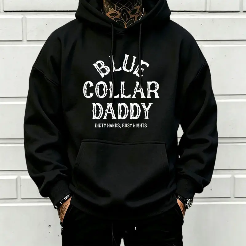 BLUE COLLAR DADDY vintage distressed curved lettering hoodie Dirty Hands Busy Nights blue-collar workwear unisex oversized sweatshirt