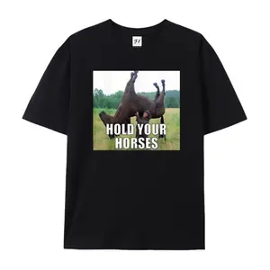 Hold Your Horses" Funny Horse Meme Graphic Cotton T-Shirt, Sarcastic Comfort Tee, Humorous Fashion Outfit, Oversized Casual Shirt, Birthday & Animal Lover Gift For Friends