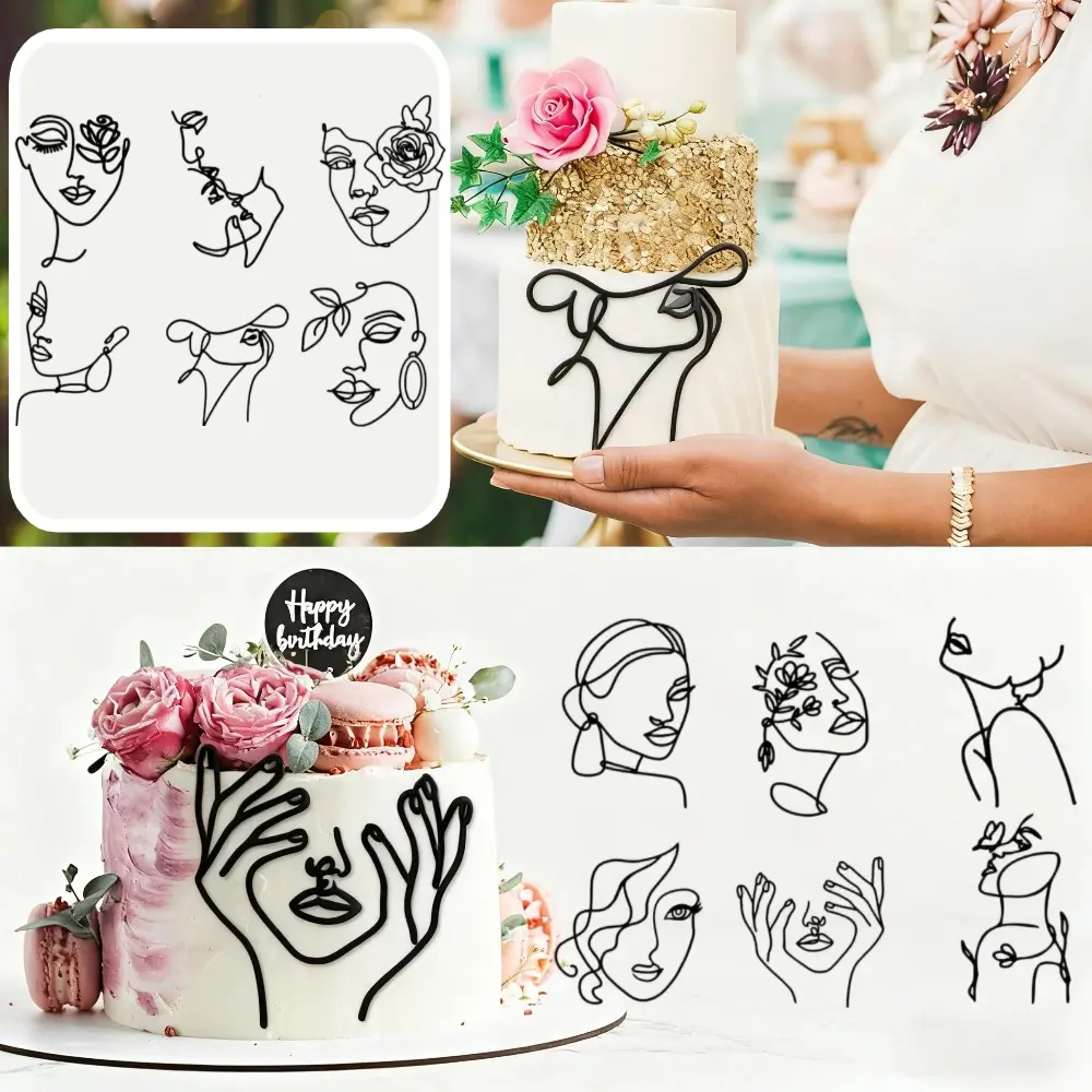 12 Pcs Smooth Minimalist Art Acrylic Boho Lady Face Cake Decor Set, Flower-Floral Toppers in Varied Sizes, Reusable for Wedding, Birthday Dessert Decorations (Home & Festive Party Supplies)