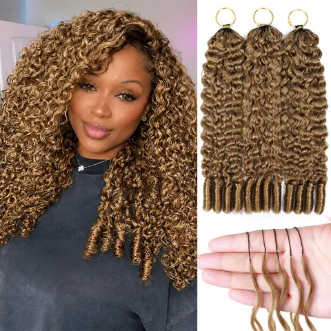 #27 Honey Blonde Highlight Crochet Human Hair Burmese Curly Feather Human Hair Extension Invisible Miracle Knots Boho Braids Knotless Box Braids 4 To 5 Pcs For Full Head Pre-Separated 50g/Pack 40 Strands #DealsForYouDays