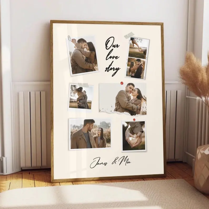 Personalized Photo Collage Print, Custom Valentine Engagement Anniversary Gift for Couples, Romantic Wall Art from Photos, Meaningful Love Memory Home Decor Poster