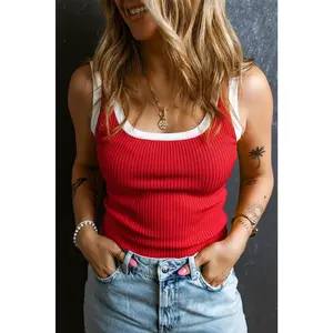 Fiery Red Colorblock Edge Ribbed Knit U Neck Tank Top