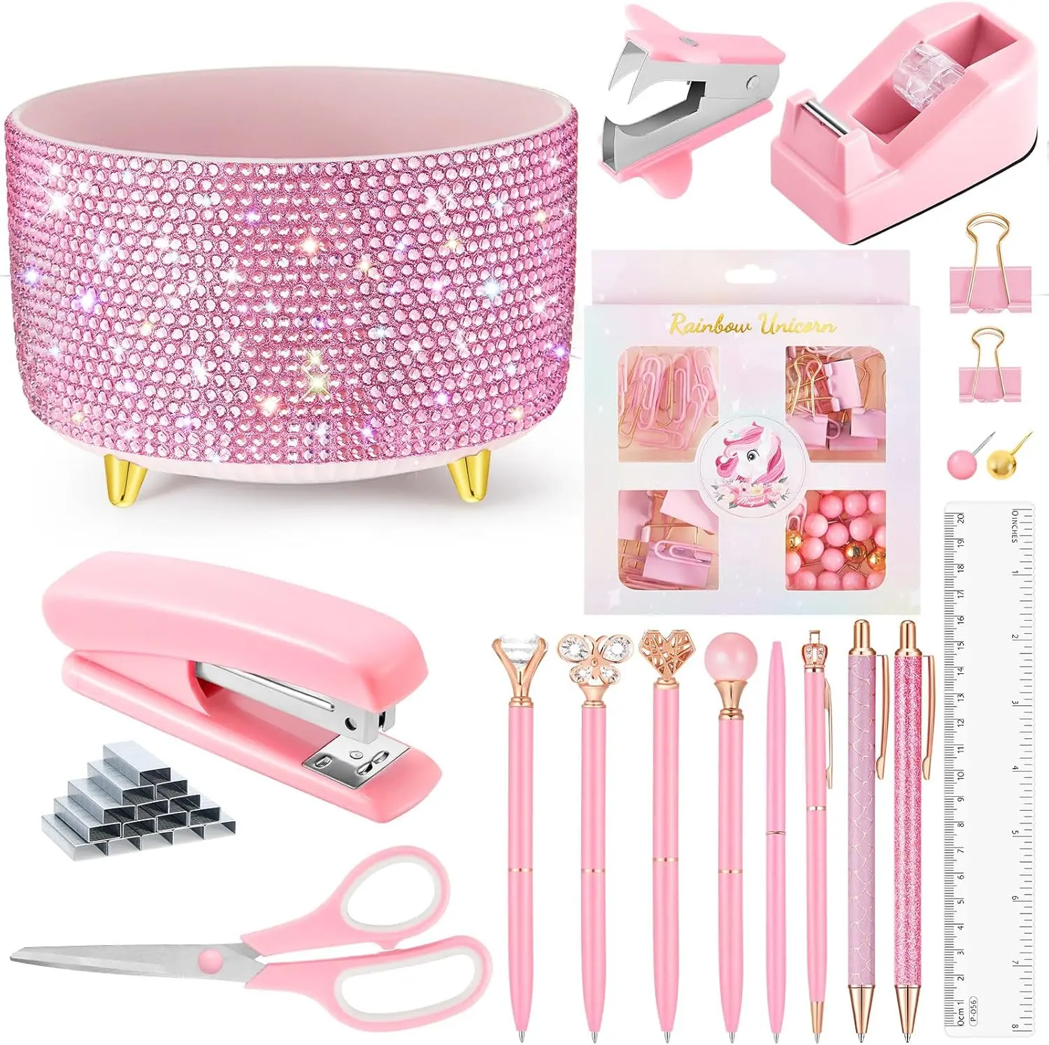 Pink Bling Desk Accessories Office Supplies for Women 360 Rotating Rhinestone Pen Holder with Diamond Pens Glitter Desk Organizers and Bedazzled Office Accessories Set Teen Girls Gift MotiMind