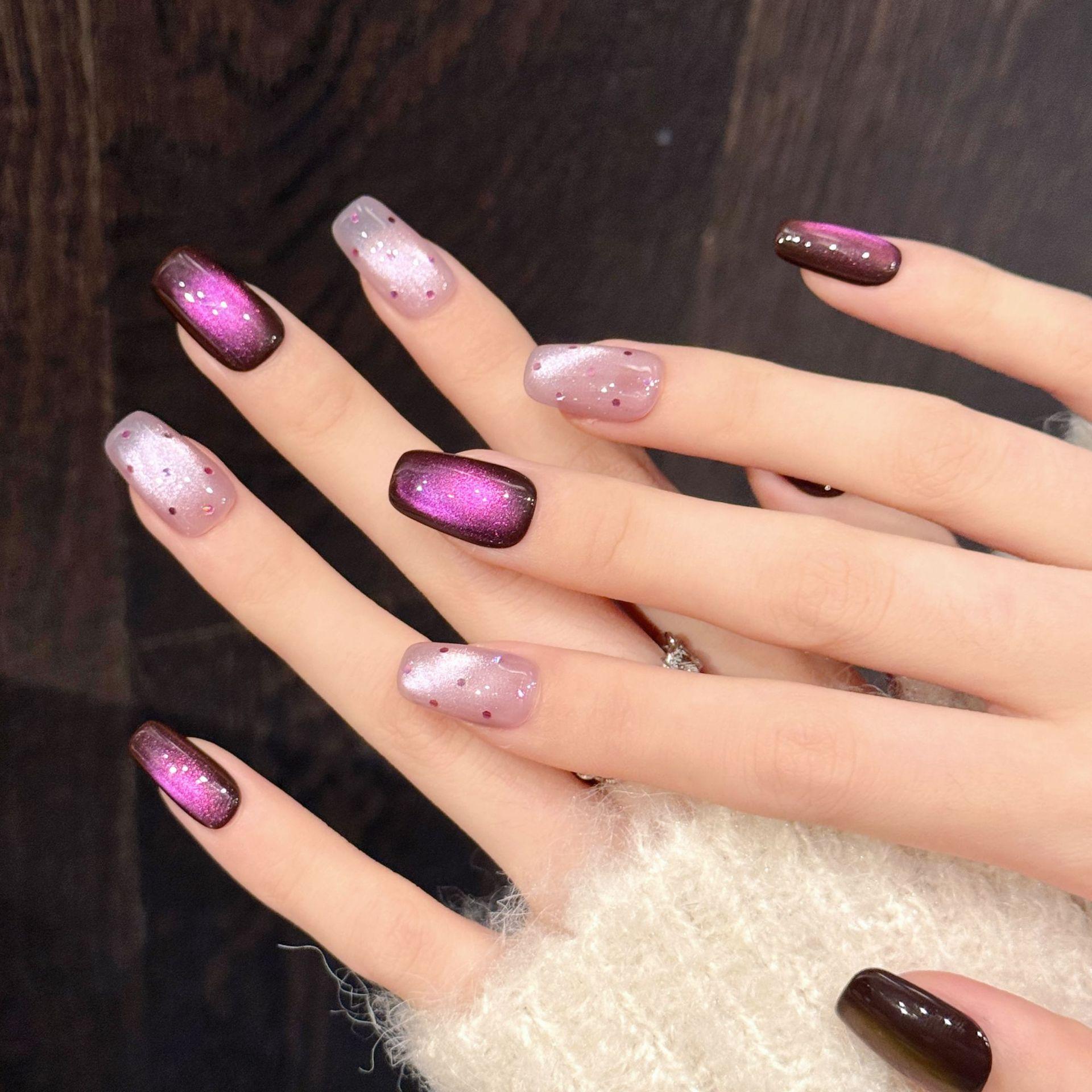 【Lucy UU】Gorgeous Grape Purple Cat Eye Press On Nails With Rhinestone Dots Short Square New Medium Square Shape Handmade Reusable Luxury Fake Nail For Women 【Lucy UU】Gorgeous Grape Purple Cat Eye Press On Nails With Rhinestone Dots Short Square New Medium Square Shape Handmade Reusable Luxury Fake Nail For Women