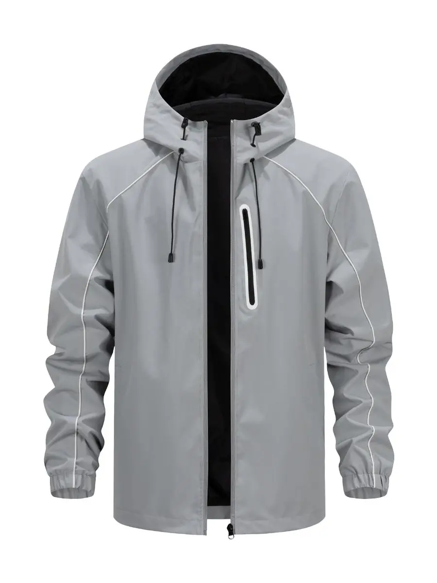 Men's High-Vis Reflective Piping Hooded Windbreaker - Solid Black, Waterproof, Adjustable Drawstring Hood, Vertical Reflective Zip Pocket, Lightweight All-Weather Night Sport Outerwear