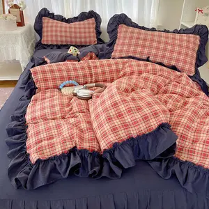 3-Piece Plaid Ruffle Bedding Set, Includes 1 Fitted Sheet & 2 Pillowcases, Korean Style Princess Design, Soft Breathable Fabric for All Seasons, Bedroom Accessories, Atmosphere