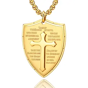 Armor of God Cross Pendant Necklace, Shield of Faith, Religious Amulet, Knights Templar Crusader, Stainless Steel 24" Chain