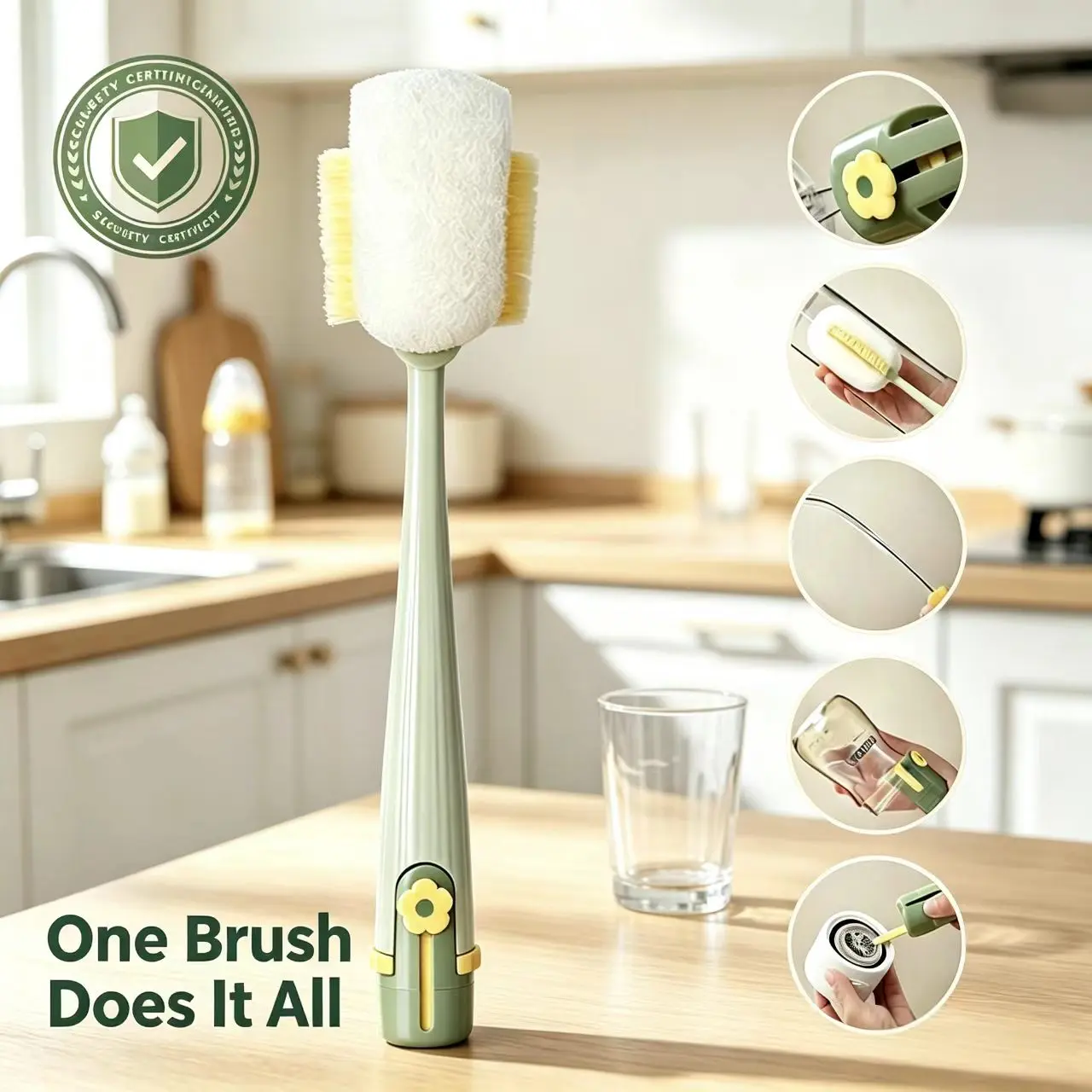 5-in-1 Multi-functional Water Bottle Cleaning Brush-360°Bottle Cleaning Brush with Long Handle –Gap Cleaning Brush Soft Bristle Cup Cleaner for Baby Bottles, Sports Bottles, Hydro Flasks, Lids, Teapots, Bowls & Home Kitchen Tasks