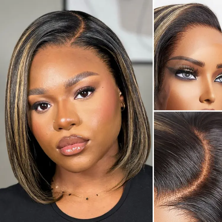 Premax Human Hair Wig, Silky Straight Bob Cut with Ombre Blonde Highlights, Glueless Ear-to-Ear Lace, Ombre Color Wigs, Wigs Human Hair
