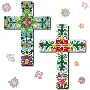 2-Piece Floral Cross Wall Decor, Mexican Home Decoration, Sugar Skull Spanish Style Wall Cross for Living Room Bedroom Kitchen