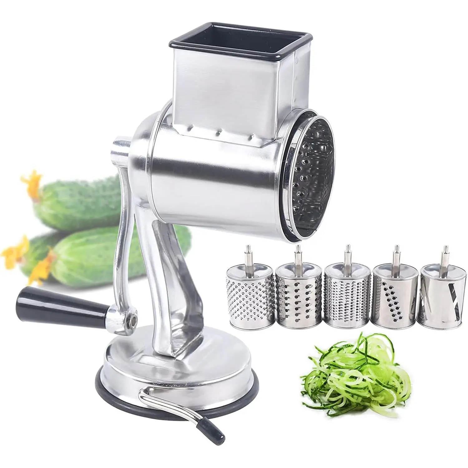 5-in-1 Rotary Cheese Grater Vegetable Slicer Large, Rotary Cheese Grater with Handle Stainless Steel, Kitchen Mandoline Vegetable Slicer, Potato Slicer Rotary for Cucumbers, Lemons, Apples Utensils
