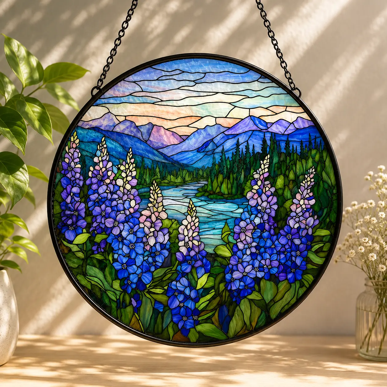 Bluebonnet Stained Glass Suncatcher, Mountain Lake Window Hanging, Wildflower Glass Panel, Nature Landscape Sun Catcher, Rustic Cabin Decor Gift