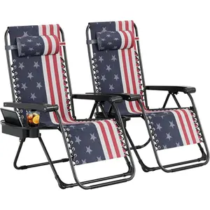 Zero Gravity Chair Set of 2, Patio Lounge Chair Outdoor with Pillow & Cup Holder Tray, Adjustable Reclining Chair, Folding Portable Camping Chair for Deck, Beach, Yard, Garden