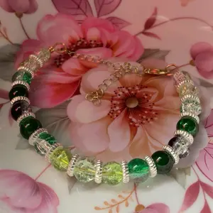 Green Goddess Glass Beaded Handmade Bracelet on Gold Wire with Chain for Adjustment Adjustable Beaded Jewelry