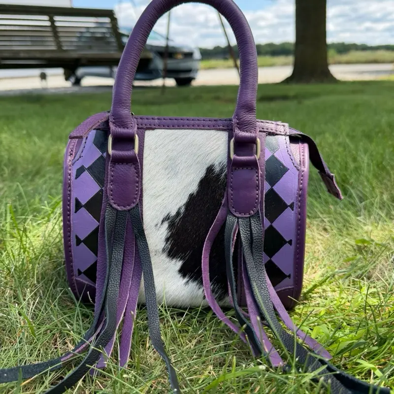 Genuine hand painted leather & cowhide MINI SOFT SHELL speedy bag- purple and black checkered with fringe & cowhide