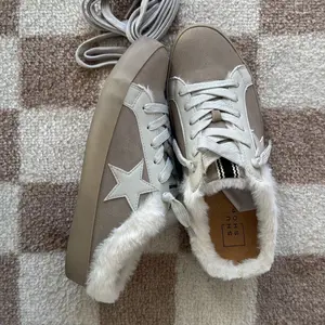 Taupe suede faux fur lined sneaker mules women