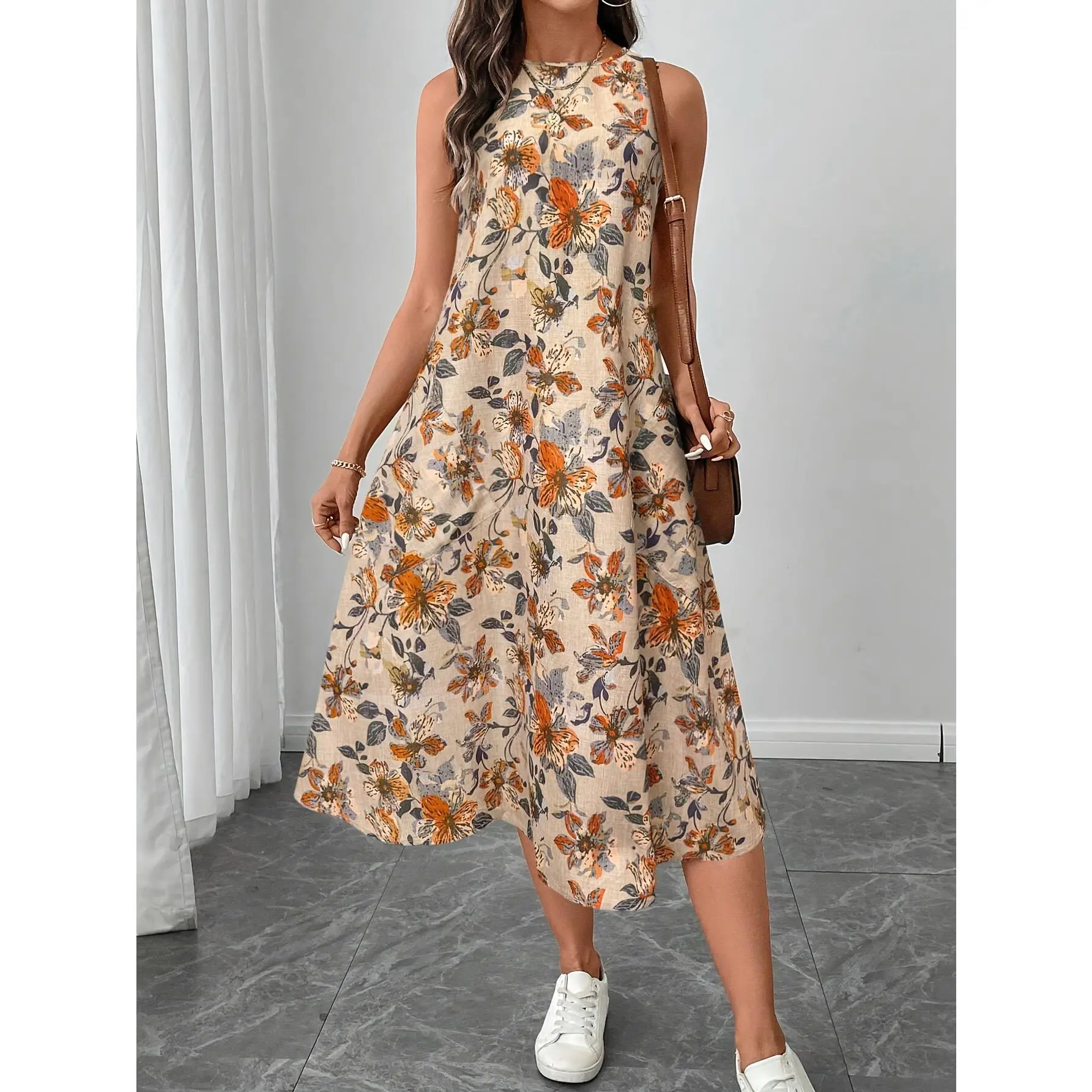 Women's Elegant Floral Print Sleeveless A-Line Dress - Lightweight 100% Polyester Summer Dress with Pockets Crewneck Fabric Womenswear Collar