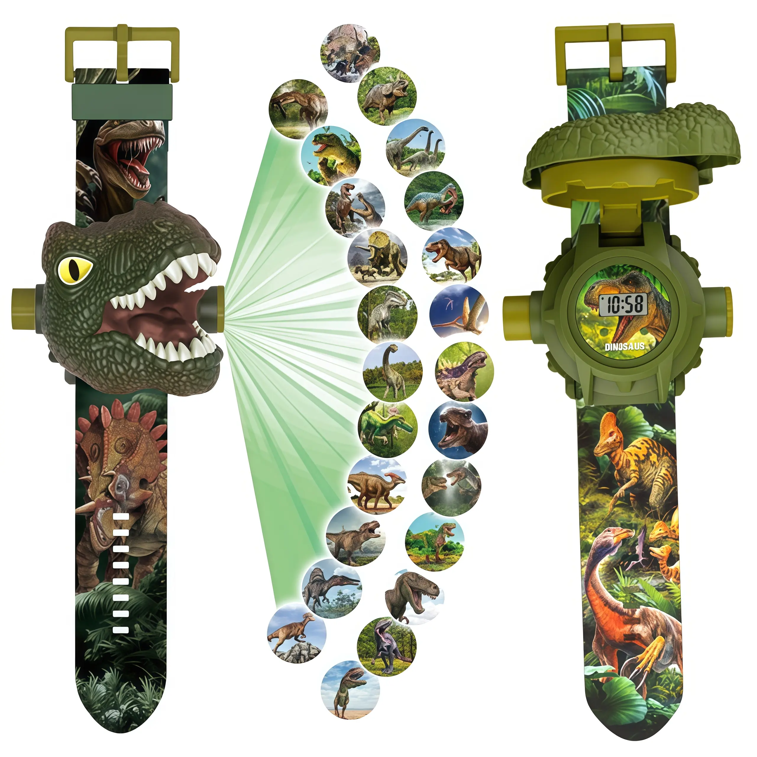 Unisex Kids Battery-Powered Plastic Dinosaur Projection Toy with 24 Projection Discs, DIY Luminous Pattern Creation, Cute Shape, Flip 3D Digital Adjustable Screen, Time Function, Learning Creativity Holiday/Birthday Gift