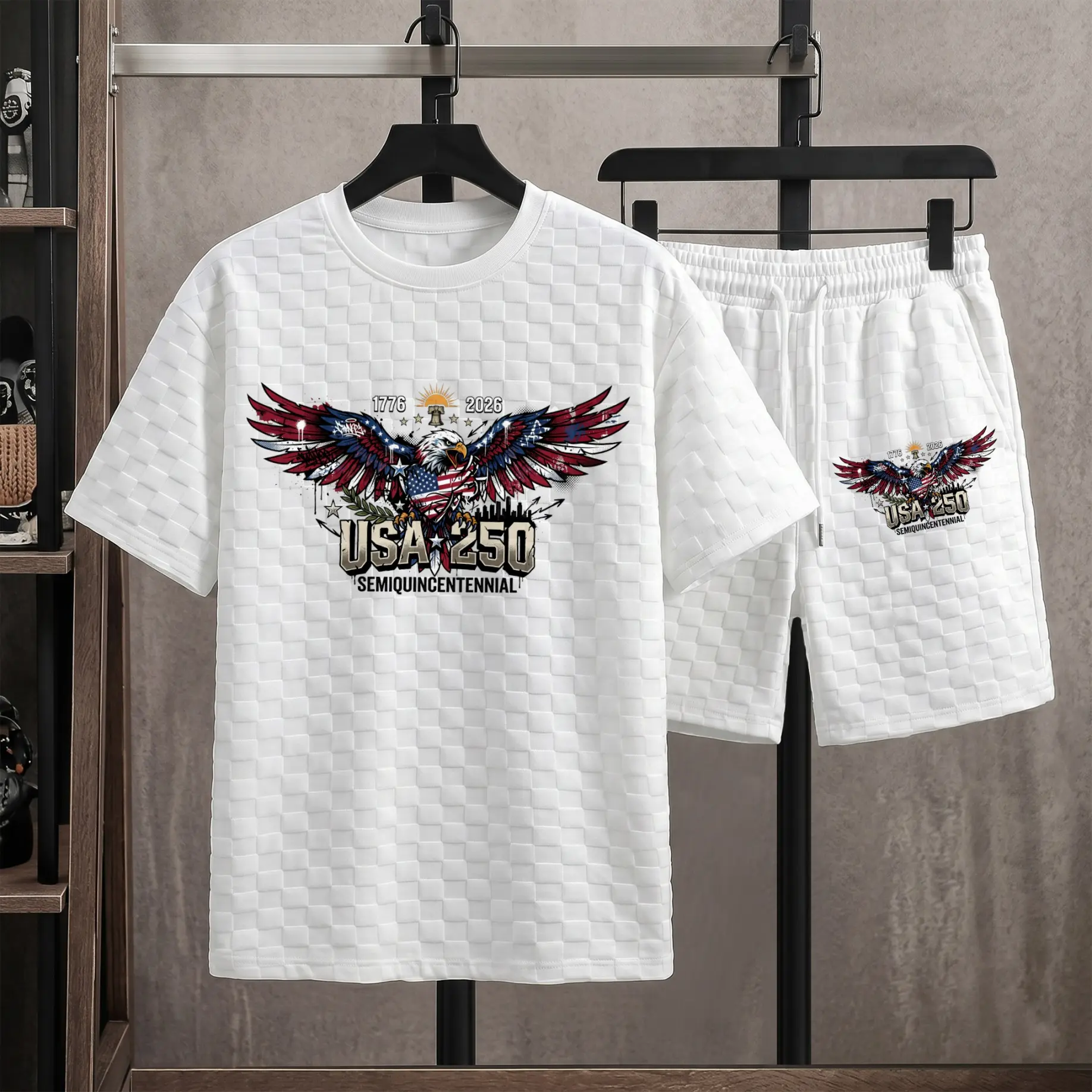 Men’s USA 250 Eagle Graphic Textured T-Shirt & Drawstring Shorts Set, Semiquincentennial Independence Print Two Piece Outfit For Casual Wear And Outdoor Activities