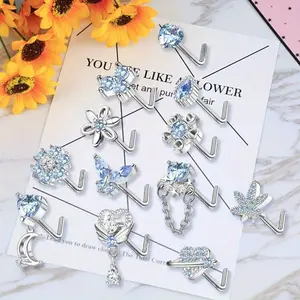 Sanfanli 12-Piece L-Shaped Nose Stud Set - 20 Gauge Stainless Steel Unisex Body Jewelry with Heart, Butterfly, Floral, Leaf, Moon Designs, Nose Ring with Rhinestones for Women, Men