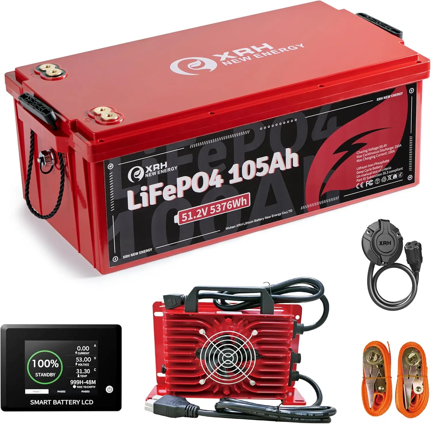 48V(51.2V) LiFePO4 Lithium Golf Cart Battery Built-in 250A BMS,with 48V 20A Lithium Battery Charger,Mobile APP,Touch Monitor,Port Plug and retention strap,6000+ Cycles,Perfect for Golf Carts (Plastic)