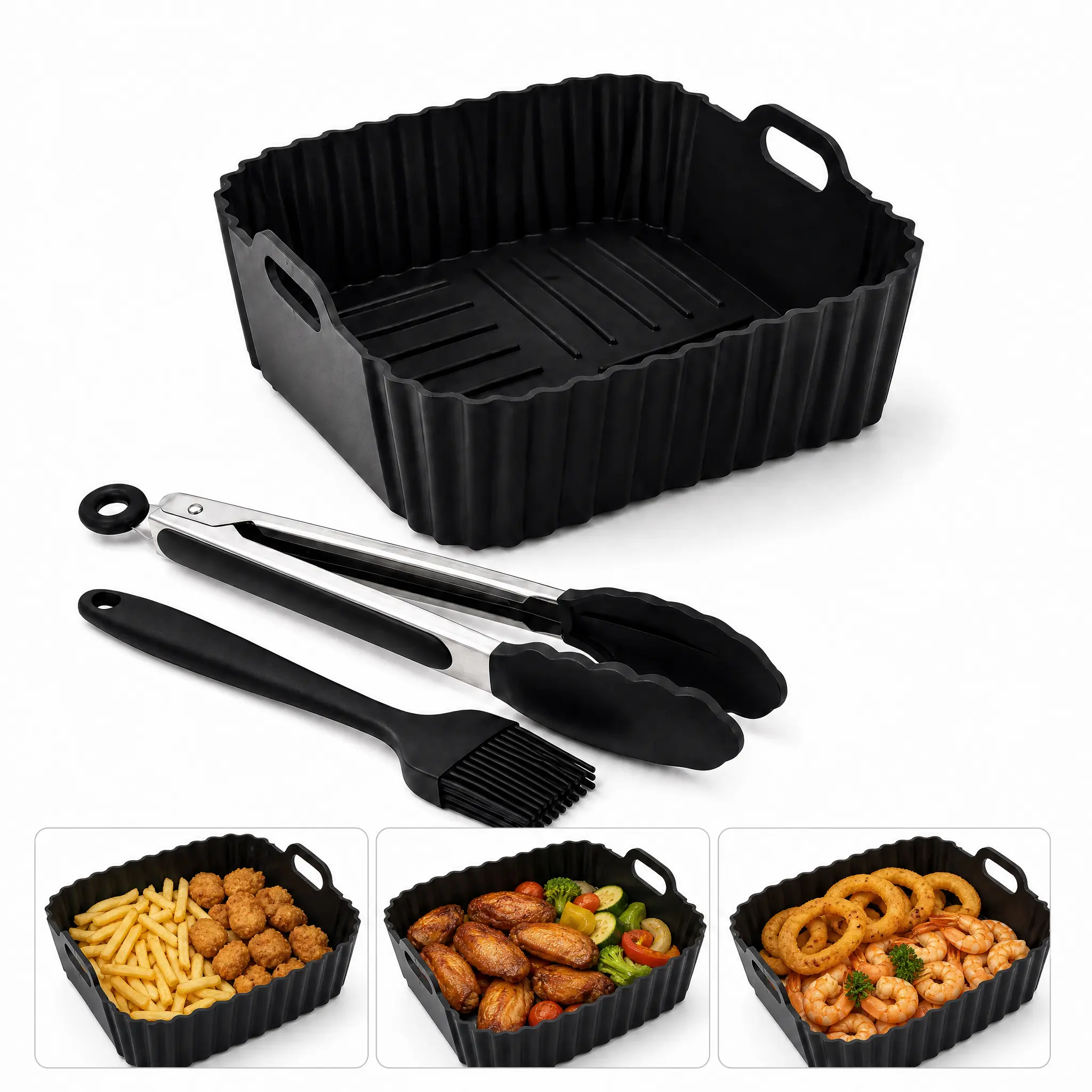 Reusable Air Fryer Silicone Liners, Air Fryer Accessories Set with Food Tongs & Oil Brush, Food Grade Heat Resistant Air Fryer Liners, Compatible with 5-8 QT Air Fryers, Replace Disposable Parchment Paper