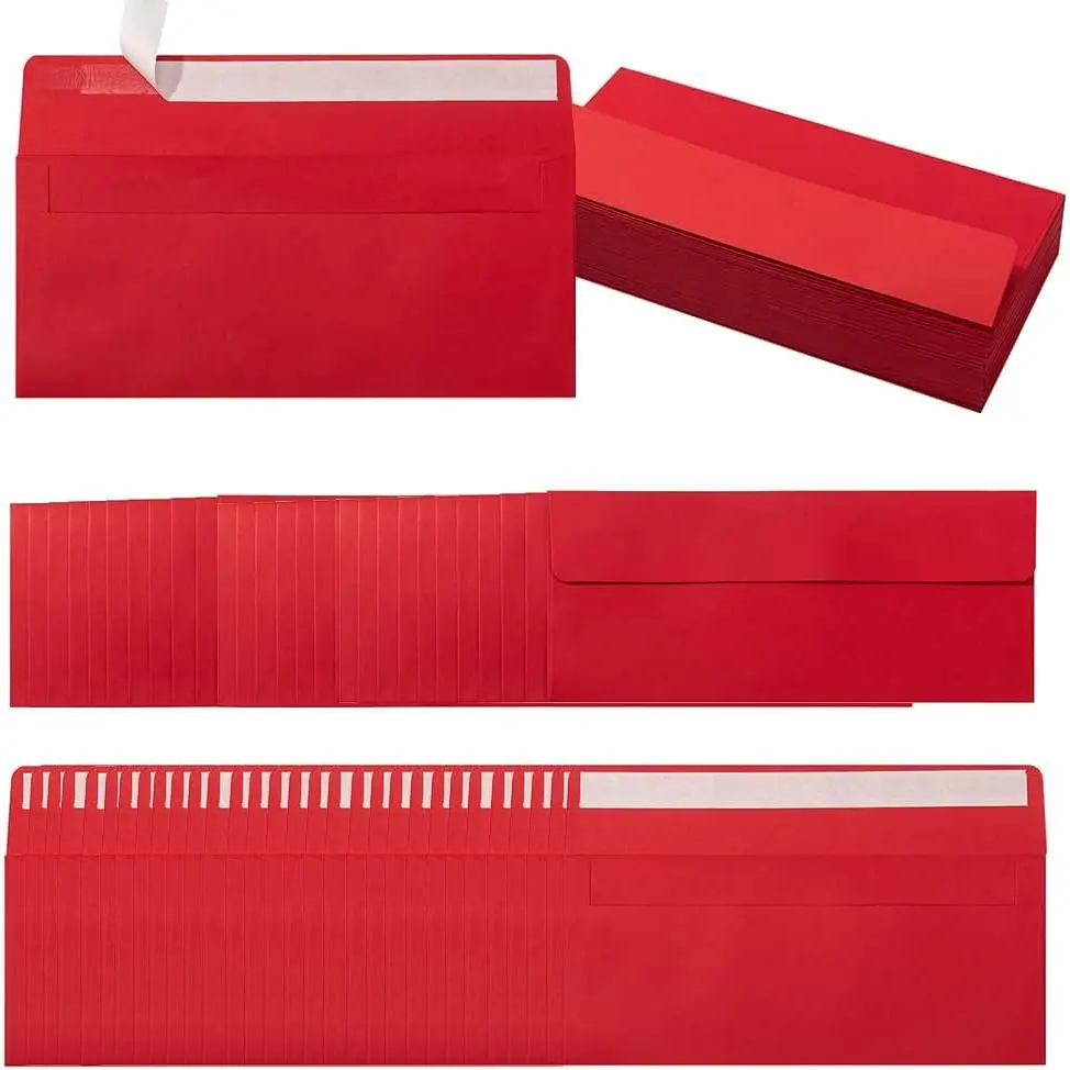 100-Pack Colorful #10 Self-Seal Paper Business Envelopes, 4.13x9.49 Inches (Red) - Durable, Don’t Fade, Easy to Write for Business Users, Office Checks, Letter Mailing Invoices