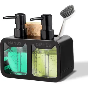 4-in-1 Dual Kitchen Soap Dispenser Set, Hand Soap & Dish Soap Dispenser with Sponge Holder Caddy & Scrub Brush Storage Rack, Multifunctional Sink Organizer for Kitchen Countertop & Bathroom Vanity, Kitchen Gadget Space Saver