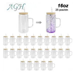 16oz Double-Walled Glass Cups Mug Jar with Buttom Predrilled Hole Plug Bamboo Lid Straw Sublimation Glass Tumbler 25pcs Cups with Lid for Glitter DlY UV DTF wraps