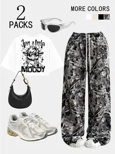 Women's Short Sleeve Round Neck Top & Long Pants Set, Cute Cow Pattern, Geometric Print, Drawstring Adjustable, Fall Winter Casual Wear