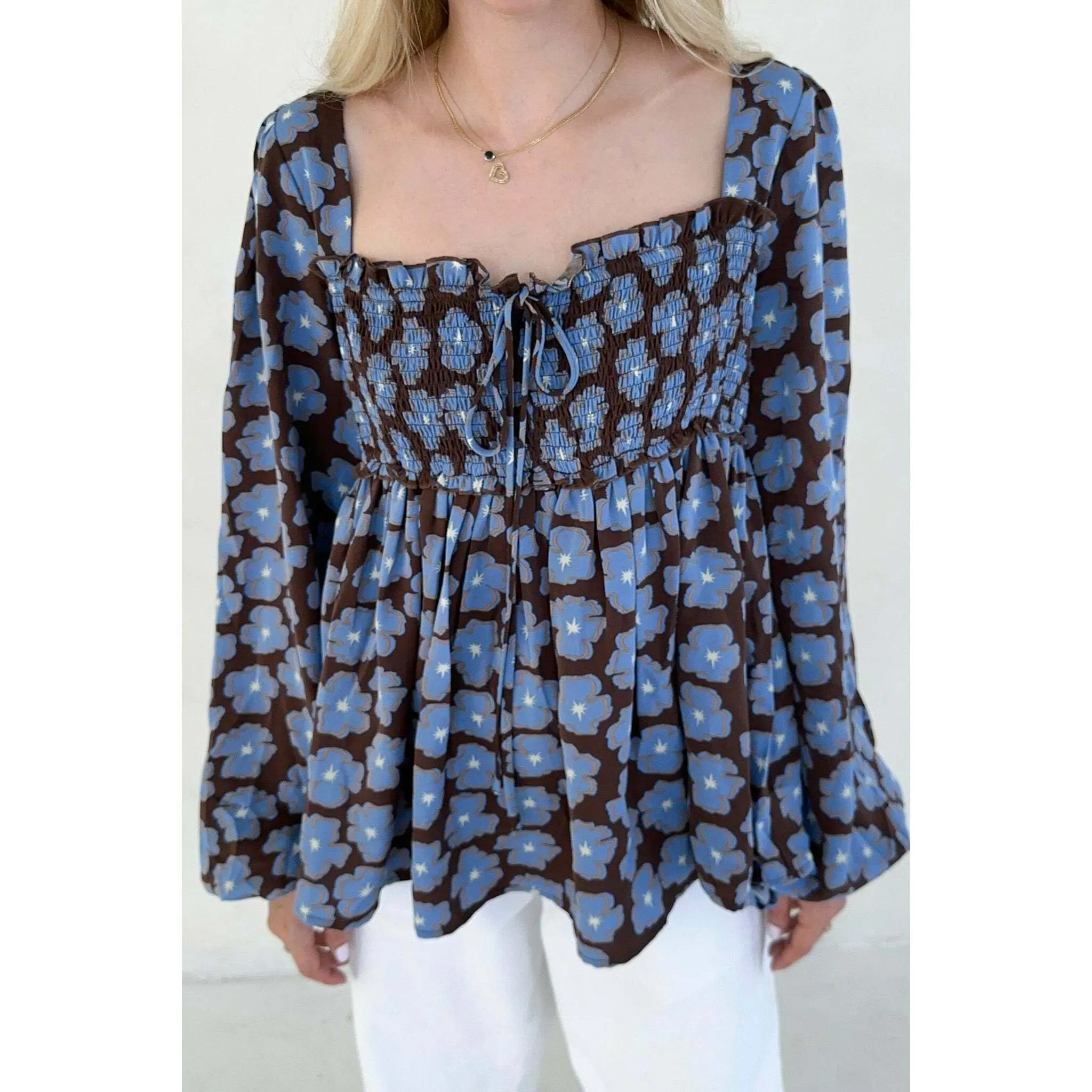 Honey Floral Print Smocked Babydoll Top