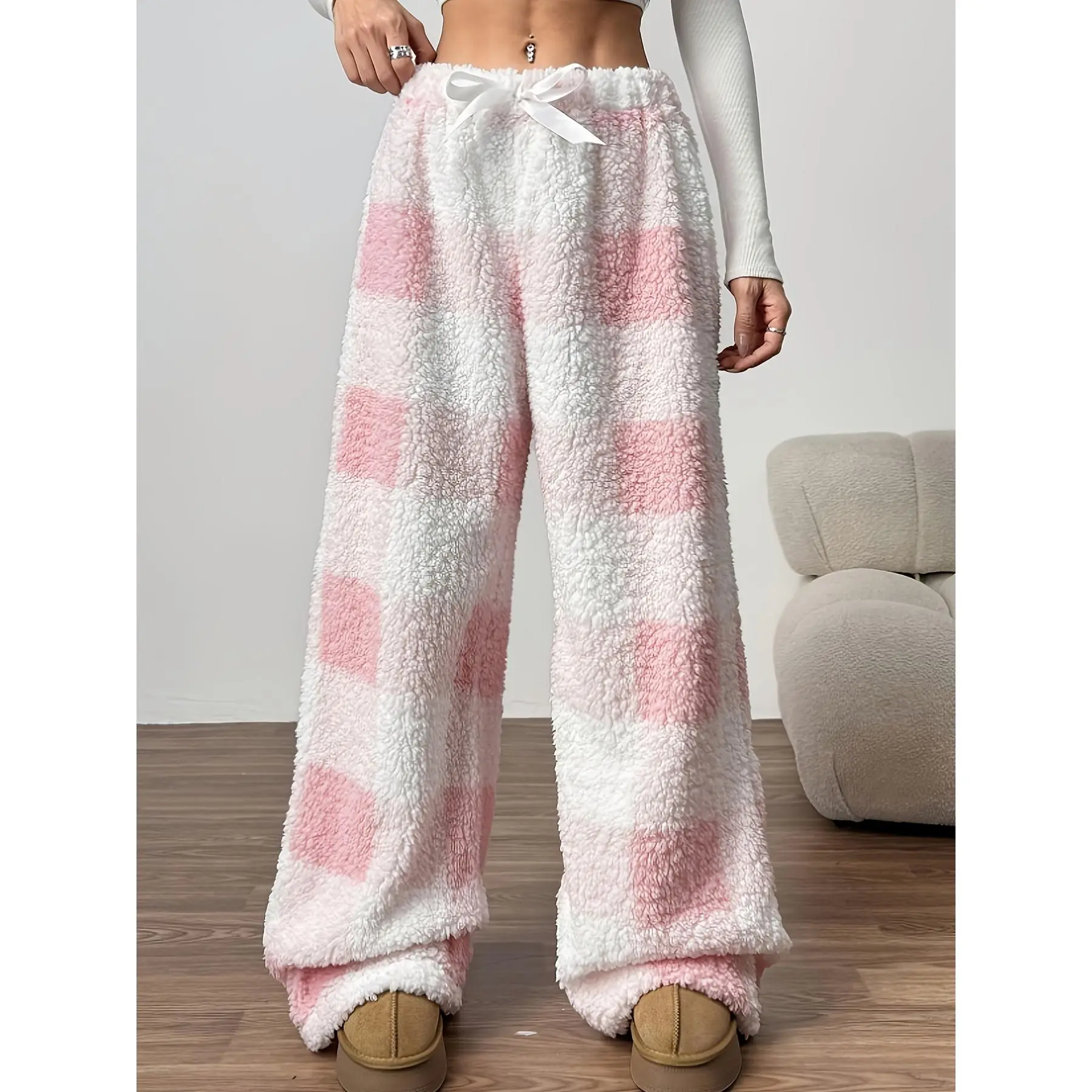 Women's Plaid Loose Soft Pajama Pants - Nightwear, Casual Home Loungewear Bottoms, Knitting Digital Print Polyester Fabric, Elastic Waist with Drawstring