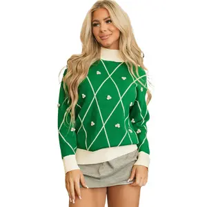 Women's Dark Green Diamond Pattern High Neck Christmas Sweater with Pom Accents