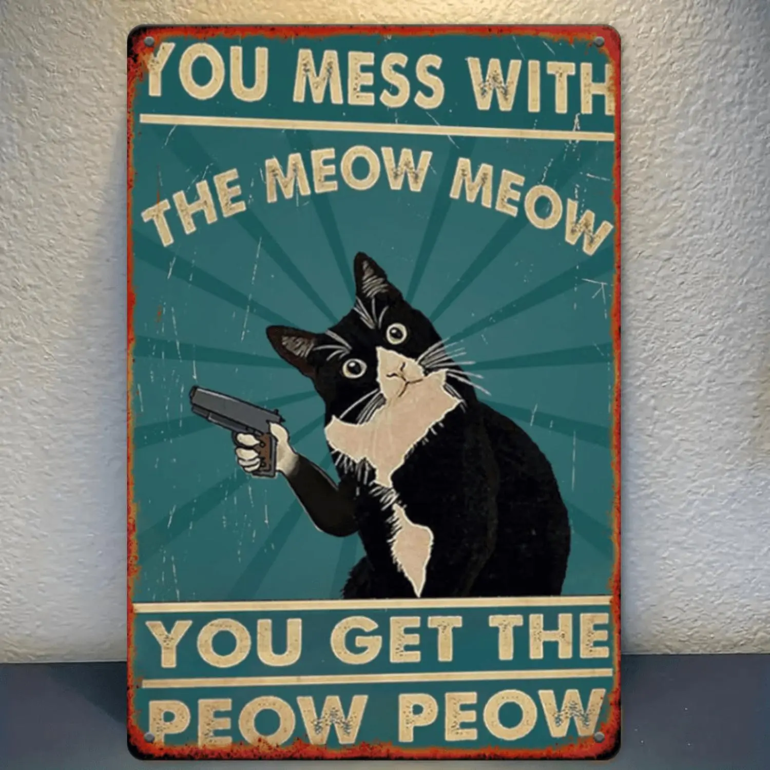 Vibrant Humorous Vintage Cat Wall Sign - 1pc 8x12in Rigid PVC Print with Pre-Drilled Holes, "You Mess with The Meow Meow You Get The Peow Peow" Home Decor Accessories, Funny Office & Cool Room Decor, Cat Lovers Gift, Funny Office Decor