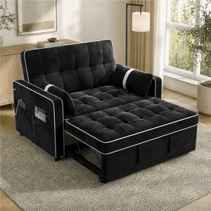 【3-in-1 Convertible】Yaheetech Velvet Sofa Bed, Loveseat Recliner Pullout Sleeper with USB-A & USB-C Ports, Side Pockets, Rolling Wheels, Tufted Back and Sturdy Wood & Metal Frame for Living Room Bedroom Apartment