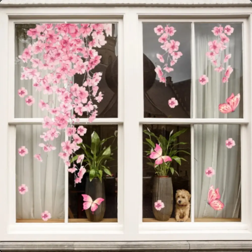 A piece of (30*60cm) 2D flat electrostatic adsorption spring and summer cherry blossom pink butterfly window sticker for window decoration and beautification, electrostatic glass sticker D21603-KR