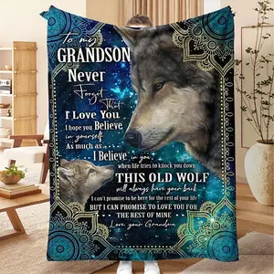 Contemporary Wolf Themed Plush Flannel Fleece Blanket for Grandson! Soft & comfy, with animal print and inspiring quotes. All-season, machine washable knitted polyester. Ideal for bday, Xmas, graduation gifts. Grab it!