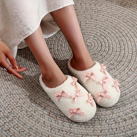 Slippers for Women Cotton Plush Soft Bowknot Memory Foam House Shoes Comfortable & Cozy Indoor Footwear