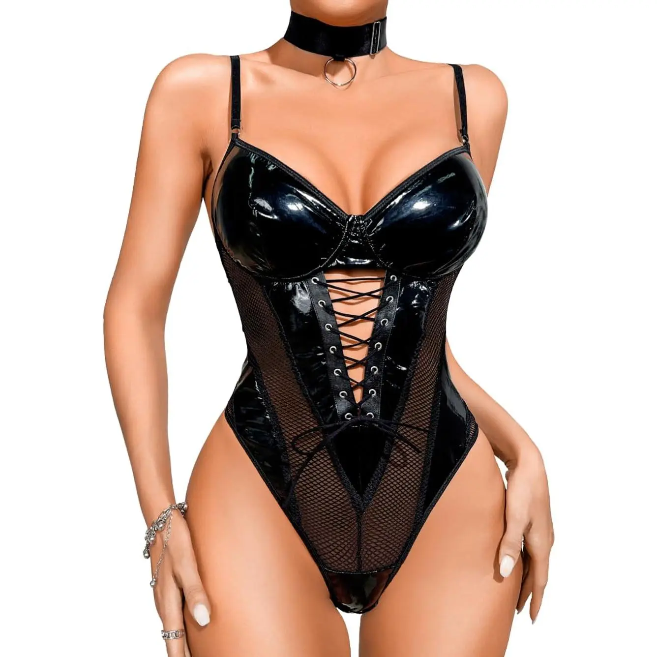 Women's Gothic Sheer Lingerie Bodysuit - Faux Leather & Fishnet Corset Top, Deep V-Neck, No-Padding, Snap Closure, Adjustable Strap, Lightweight, Festival Goth, Machine Washable Corset/Shapewear for Party