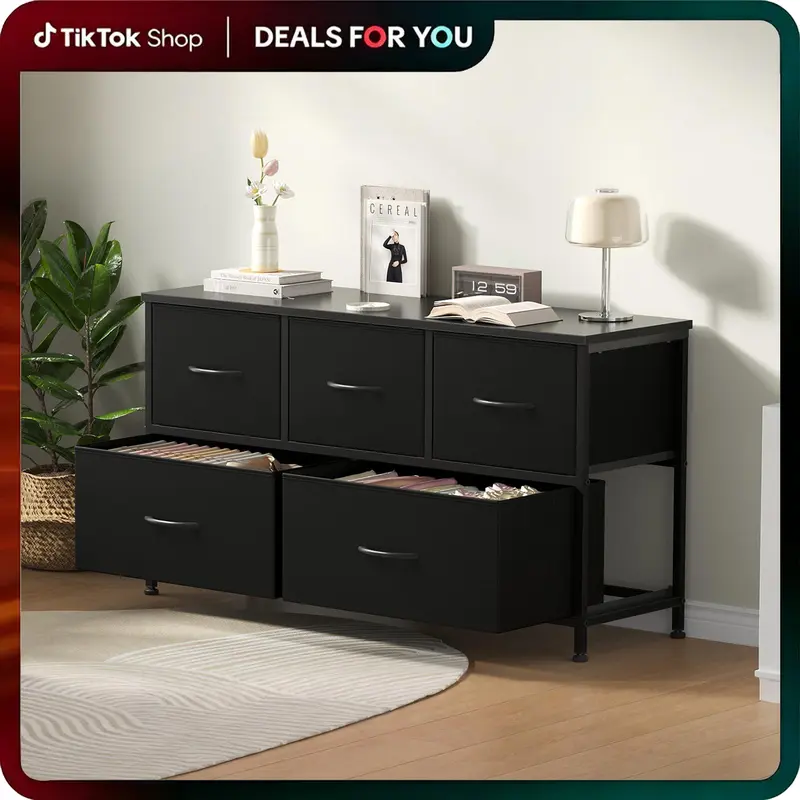 5-Drawer Fabric Storage Tower Dresser, Solid, Stable, Multifunctional Cupboard Cabinet with Fabric Bins, Apartment Furniture for Bedroom Closet Organization, Entryway Use, Room Accessories, Aesthetic Decor, Living Room Decorations