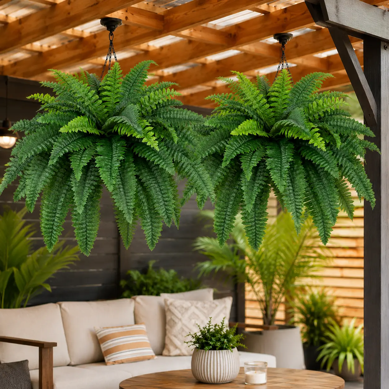 Large Artificial Boston Fern Hanging Plant, Full Faux Fern for Front Porch, Patio, Balcony & Outdoor Home Decor，st patrick