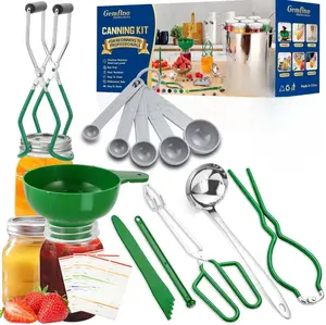 Canning Supplies Starter Kit,Canning Kit for Beginners of 9 with Jar Lifter，Wide Mouth Funnel,Wrench,Tongs,Lid Lifter,Bubble Popper,Canning Labels,ladle,Measuring Spoon-Deep Green Kitchen Set