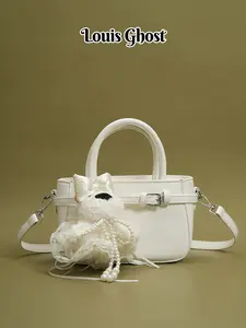 Handbag | Cute Plush West Highland White Terrier Pendant Crossbody Bag | Aesthetic Faux Leather Shoulder Bag | Designer Custom Bow and Buckle Handbag | Stylish Preppy Style Single-Shoulder Bag | Elegant Small Evening Clutch Suitable for Parties and Dates