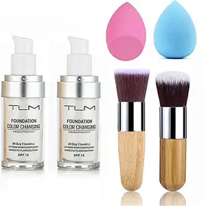 2pcs TLM Color Changing Foundation Liquid with 2 Brushes and 2 Cosmetics Sponge Flawless Full Coverage Natural Color Face Primer Base Makeup makeup accessory travel brush Concealer Hydrate