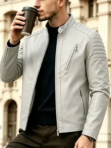 Men's PU Motorcycle Jacket, Slim Fit Stand Collar, Long Sleeve, Zippered Pockets, Ideal for Spring and Fall, Stylish Casual Riding Coat